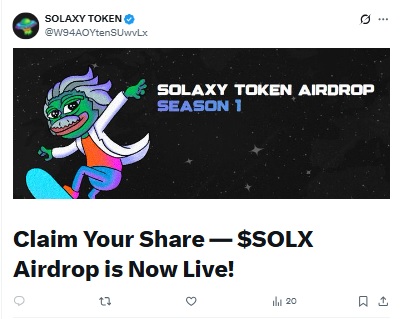 Solaxy Token Airdrop X Post