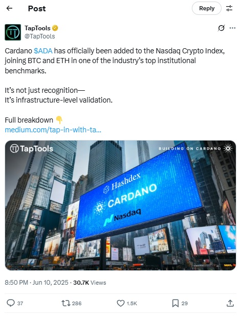 TapTools की Cardano को लेकर X पोस्ट
