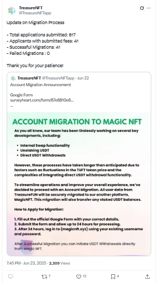 Treasure NFT Account Migration to Magic NFT - X post