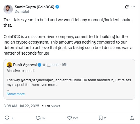 CoinDCX Hack CEO x Post