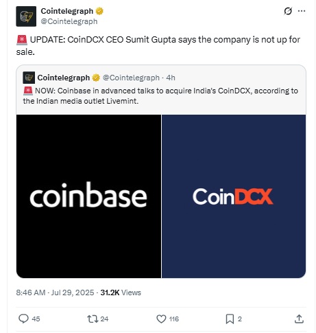 CoinDCX News - Cointelegraph की X Post से ली गई इमेज