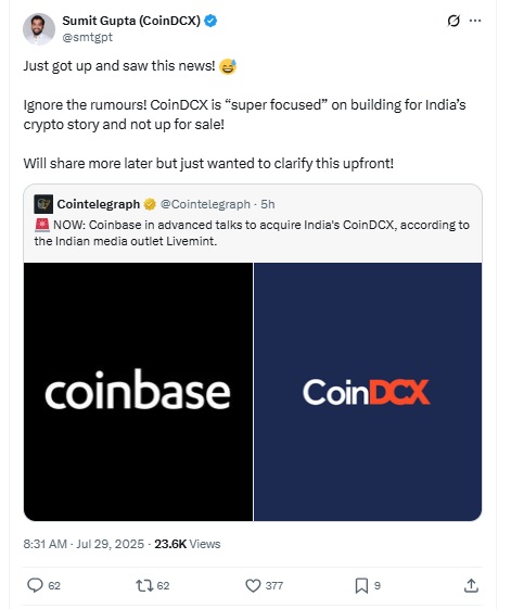 CoinDCX News - Sumit Gupta की X Post से ली गई इमेज
