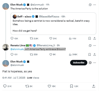 Elon Musk America Party X Post Bitcoin