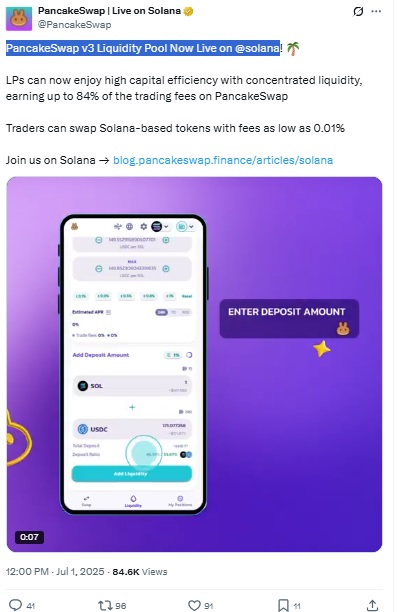 PancakeSwap v3 Liquidity Pool Live on Solana