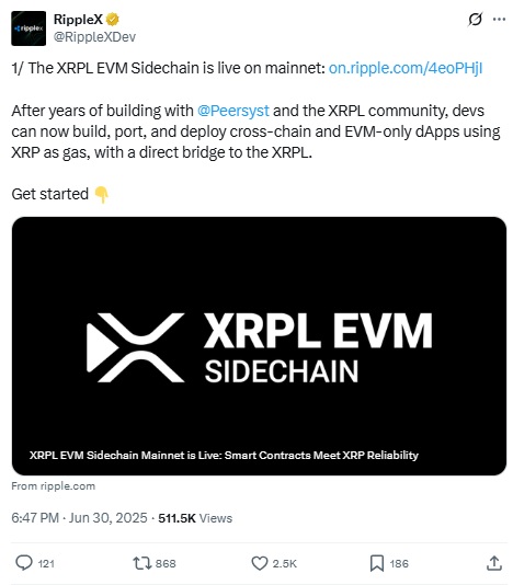 Ripple Labs XRPL EVM Sidechain X Post