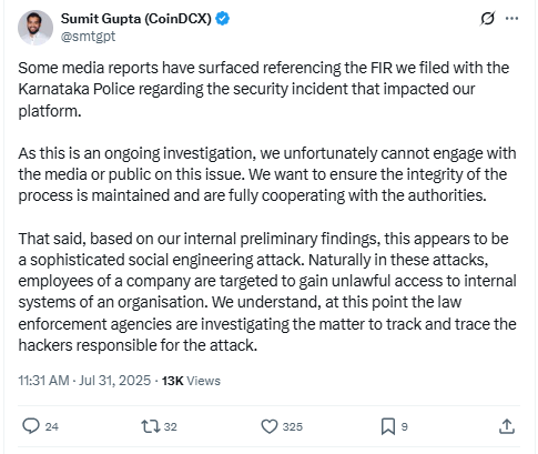 Source - CoinDCX CEO X Post