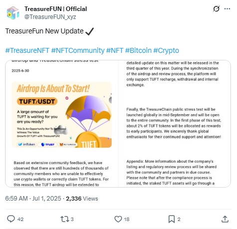 Treasure FUN TUFT Airdrop Update