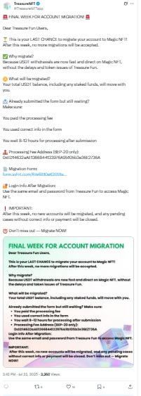 Treasure NFT Account Migration X Post