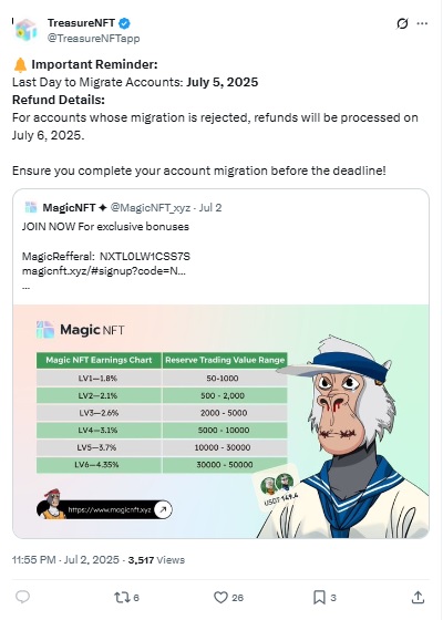 Treasure NFT Migration Reminder X Post