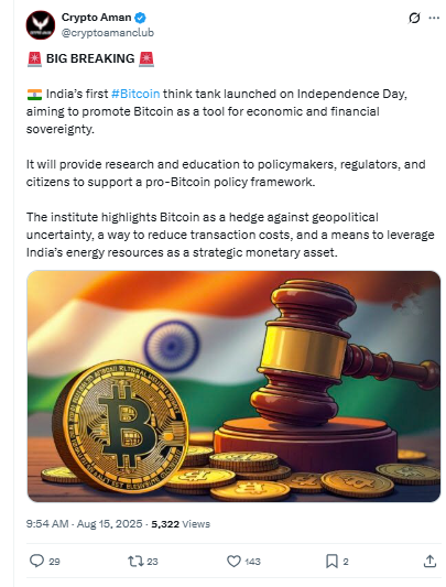 Bitcoin Policy Institute of India Launch- Crypto Aman X Post