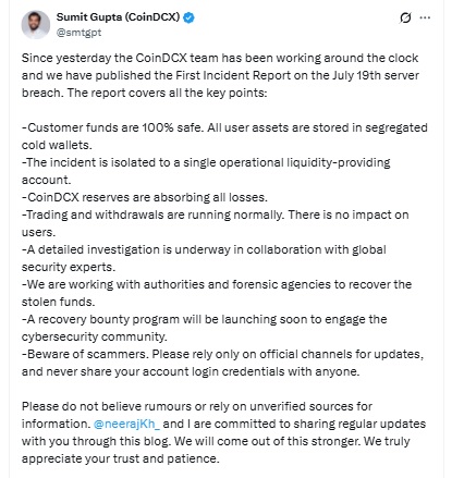 CoinDCX CEO Sumit Gupta X Post