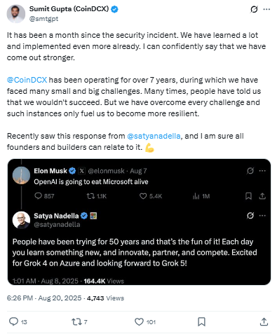 CoinDCX CEO Sumit Gupta X Post
