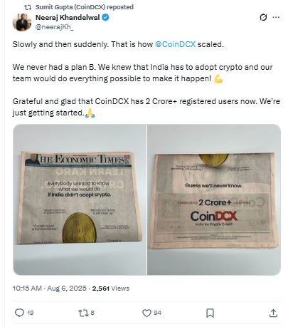 CoinDCX - cofounder X post