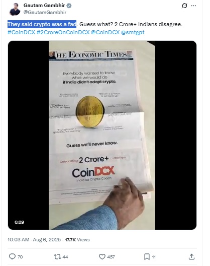 Gautam Gambhir CoinDCX X post